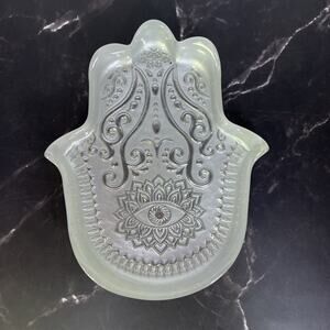 Hand of Fatima Glass Trinket Dish • Silvered Back•Hamsa with OM Symbol•Spiritual